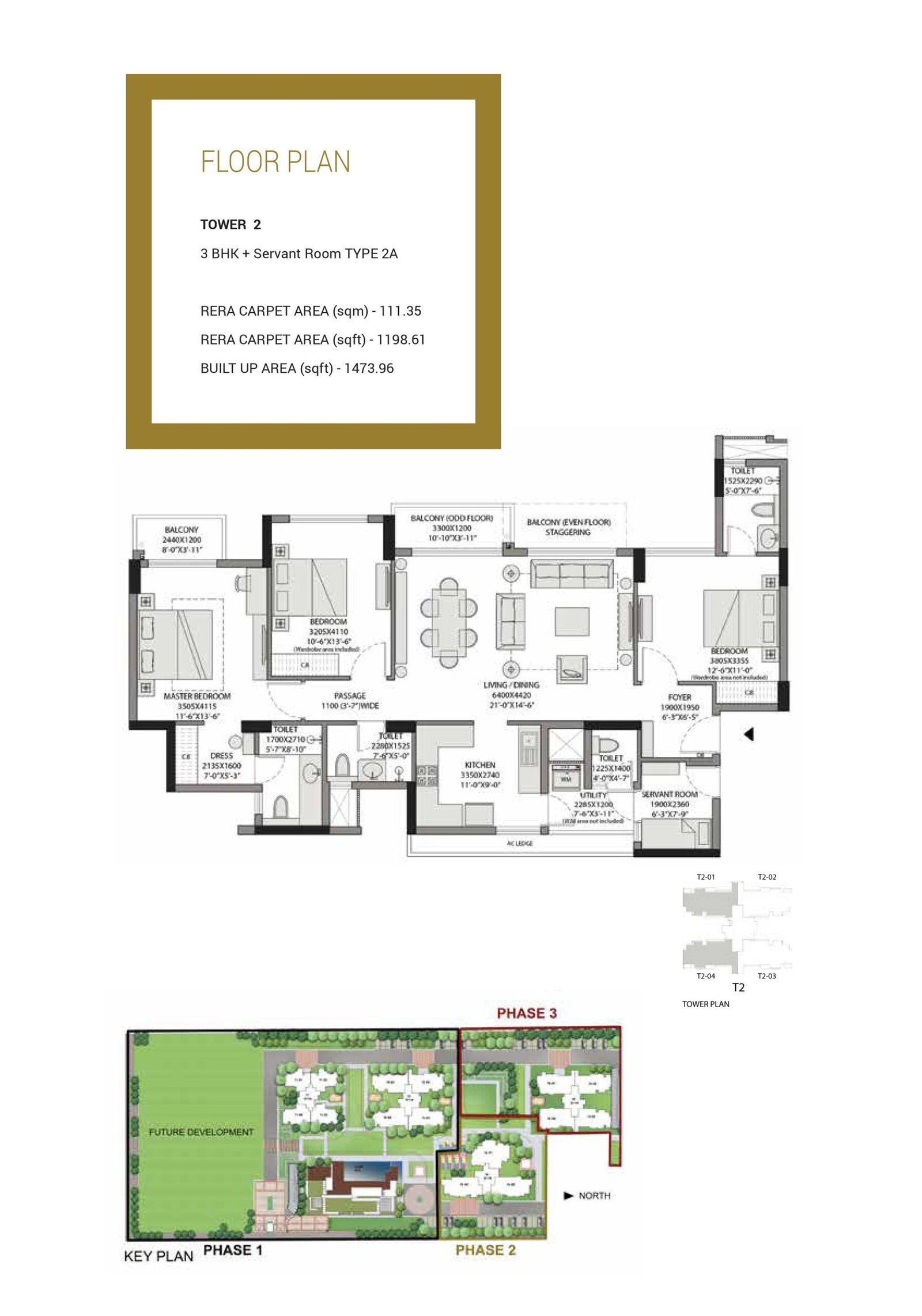 3 BHK + S (Compact) Phase III 1198 (Carpet Area)